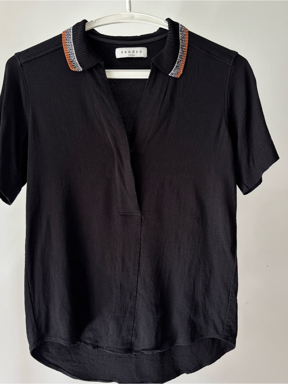 Sandro Black Short-Sleeve Polo Blouse with Contrasting Trim size 1
